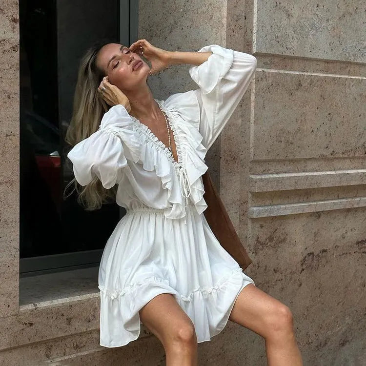 Fashion V Neck Pleated Ruffle Long Sleeve Dress - Bellarte Enchanté Fashion V Neck Pleated Ruffle Long Sleeve Dress
